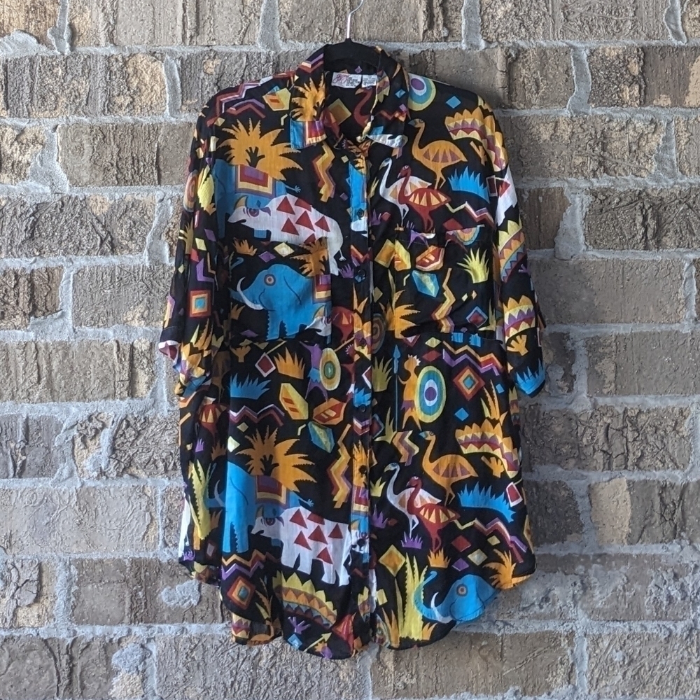 Vintage 70s Gypsy Pier One Jungle Forest Oversized Blouse Artist Smock Large